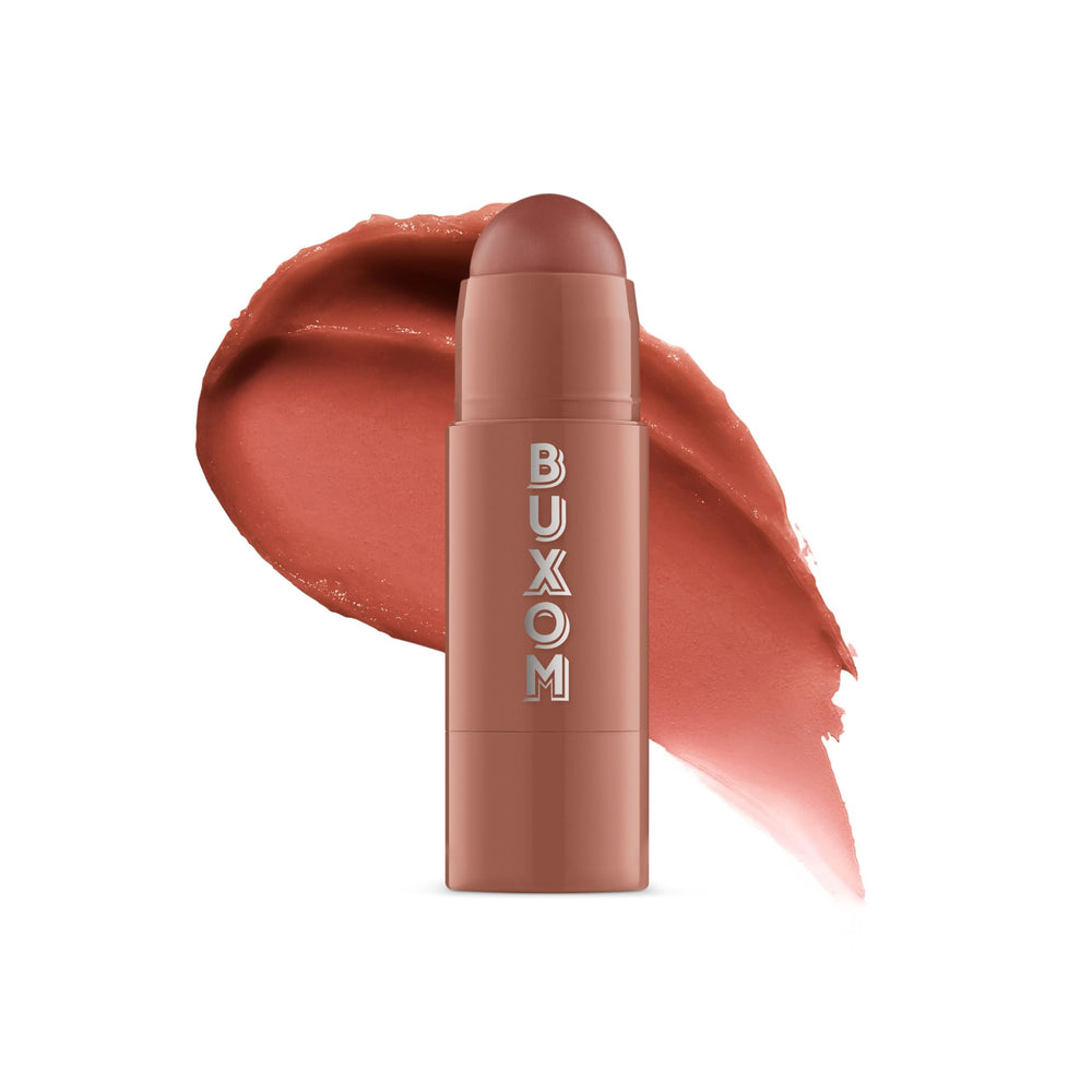 Buxom Power-Full Plumping Lip Balm Inner Glow tube close-up showcases a buildable tint and hydrating feel.