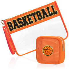 BuyCard basketball makeup bag front view with chenille patch and clear visibility for cosmetics