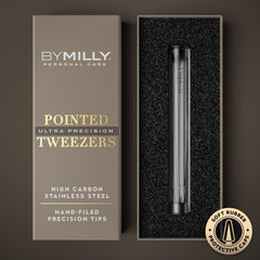 By MILLY pointed tweezers close-up tip highlights fine-point precision for tiny hairs.