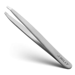 By MILLY professional slanted tweezers with angled tips for precise brow shaping and hair removal.