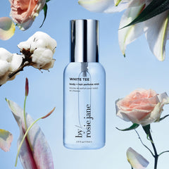 By Rosie Jane White Tee mist label reveals light, airy scent for hair and skin.