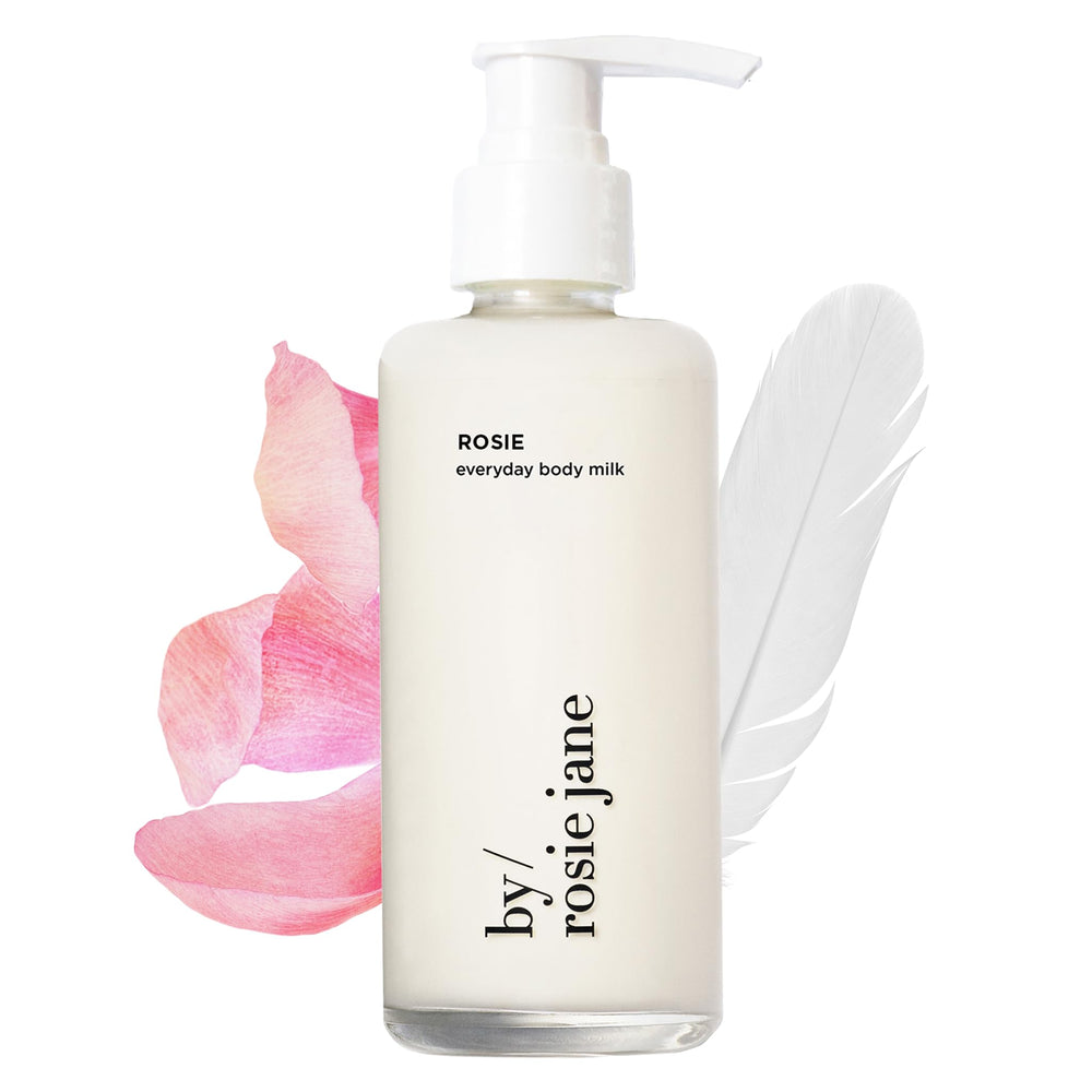 By Rosie Jane Everyday Body Milk Rosie bottle closeup highlights lightweight hydration.