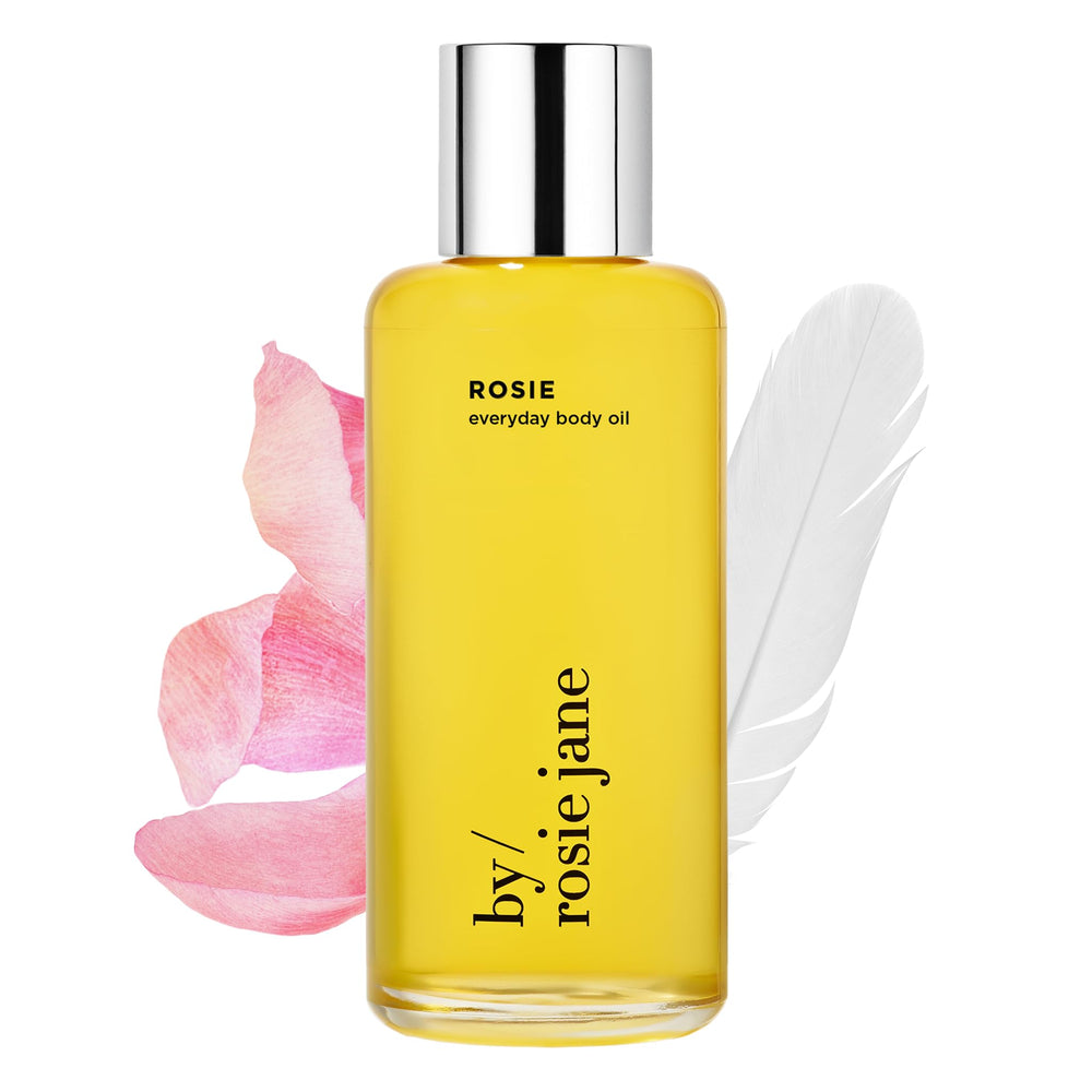 By Rosie Jane Everyday Body Oil bottle for hydrating skin after shower.