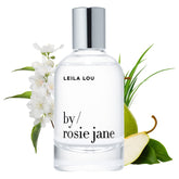 By Rosie Jane Leila Lou bottle close-up for everyday fresh pear-scent wear.