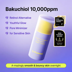 BY WISHTREND Bakuchiol night cream label close-up highlights award-winning lineage and ingredients.