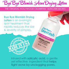 Bye Bye Blemish bottle with cotton swab applying pink sediment to a pimple for targeted relief