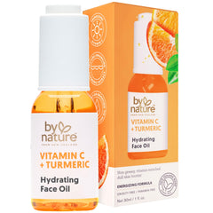 By Nature Brightening Face Oil bottle-pump shows vitamin C-rich formula for radiant skin.