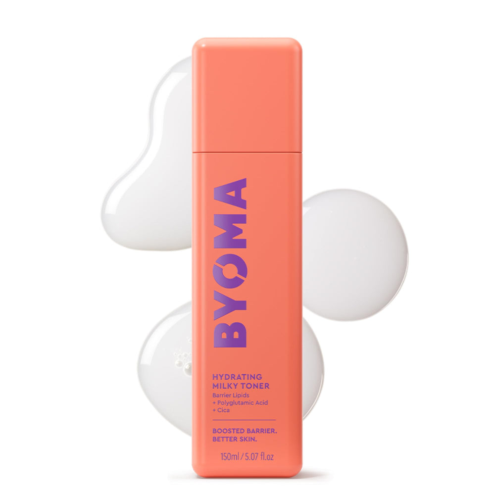 BYOMA milky toner front bottle shows clean design and easy use benefit