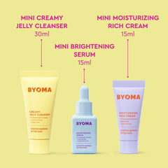 BYOMA So Bright Set brightening serum dropper glistens, suggesting support for a more even skin tone.