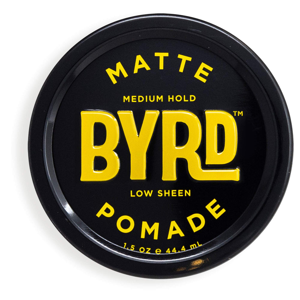 BYRD Matte Pomade pack-jar shows travel-ready 1.5 oz packaging for easy styling.