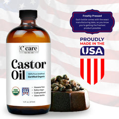 C CARE Castor Oil label shows USDA Organic certification and hexane-free promise for safe use.