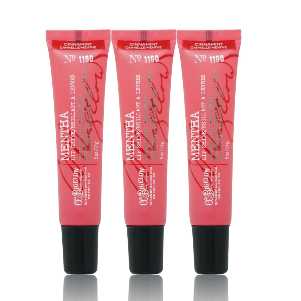 C.O. Bigelow cinnamint lip shine tubes in front provide on-the-go hydration with a glossy finish.