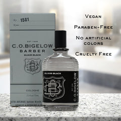 C. O. Bigelow Elixir Black bottle closeup highlights musk and vanilla notes.