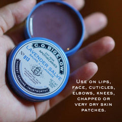 C.O. Bigelow Lavender Salve tin open cap for easy moisture access
