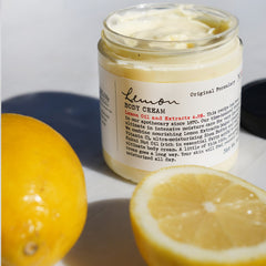 Texture closeup of C.O. Bigelow Lemon Body Cream showing quick absorption