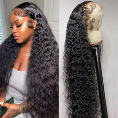 Caijuxing 34-inch water-wave lace front wig shows natural hairline for daily wear.