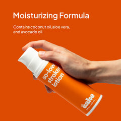 Cake So-Low Lotion aloe-coconut-oil label-closeup communicates nourishing, skin-softening ingredients