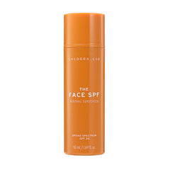 Caldera + Lab The Face SPF bottle closeup shows mineral sunscreen with no white cast
