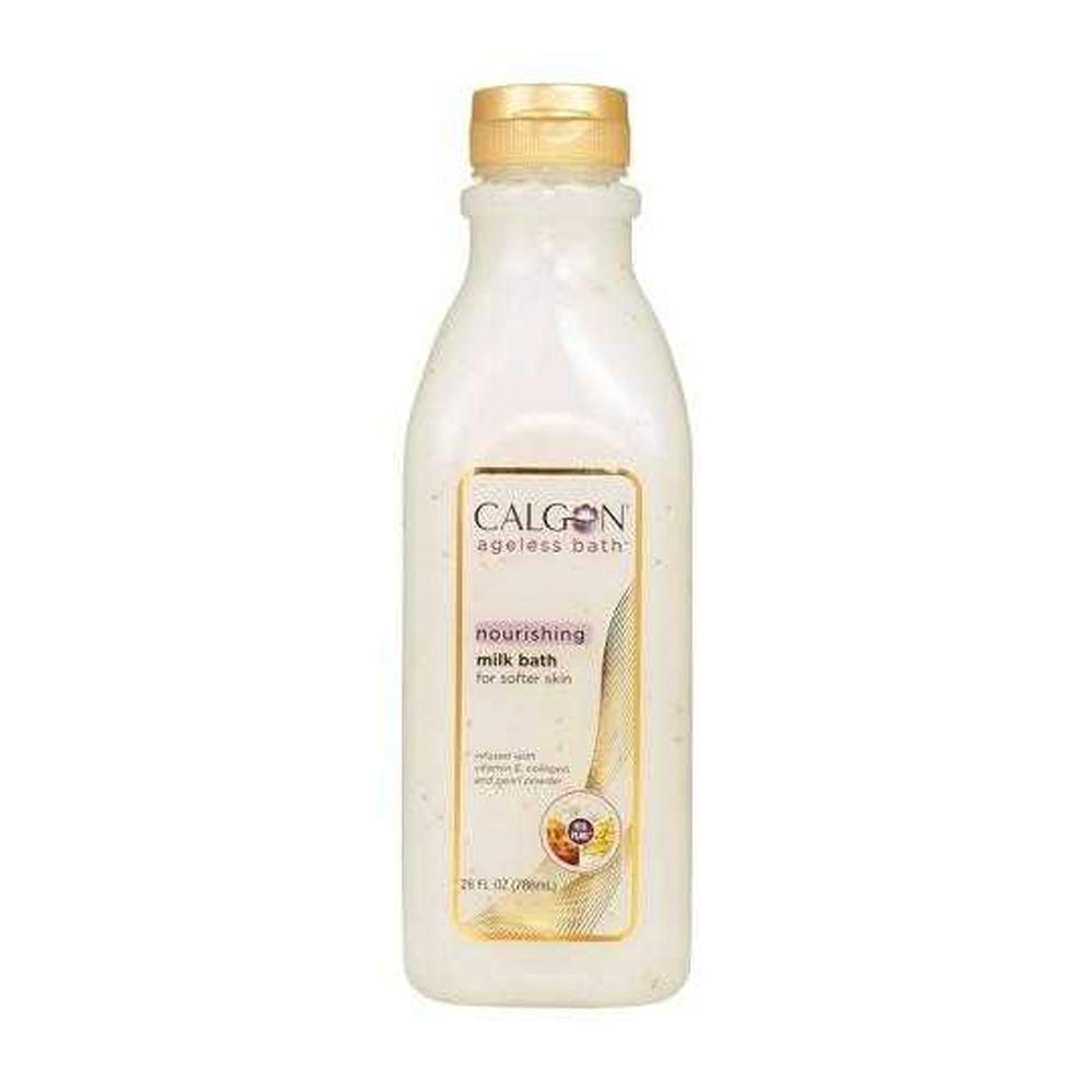 Calgon Ageless Bath Nourishing Milk Bath bottle pour for a luxurious soak.