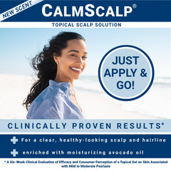 CalmScalp bottle with labels highlighting vegan and steroid-free formula.