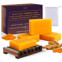 Calzzle Kojic Acid Soap 4-pack front view shows compact bars ready for daily brightening