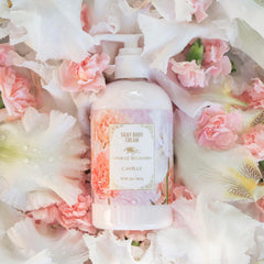 Camille Beckman cream pump demonstrates quick, non-greasy moisture for all skin types.