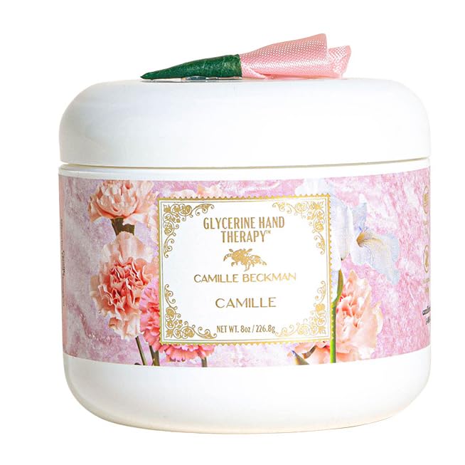 Camille Beckman glycerine hand therapy cream bottle highlighting hydrating hand care benefits