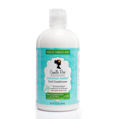 Camille Rose Coconut Water Curl Conditioner bottle highlighting hydration for all curl types.