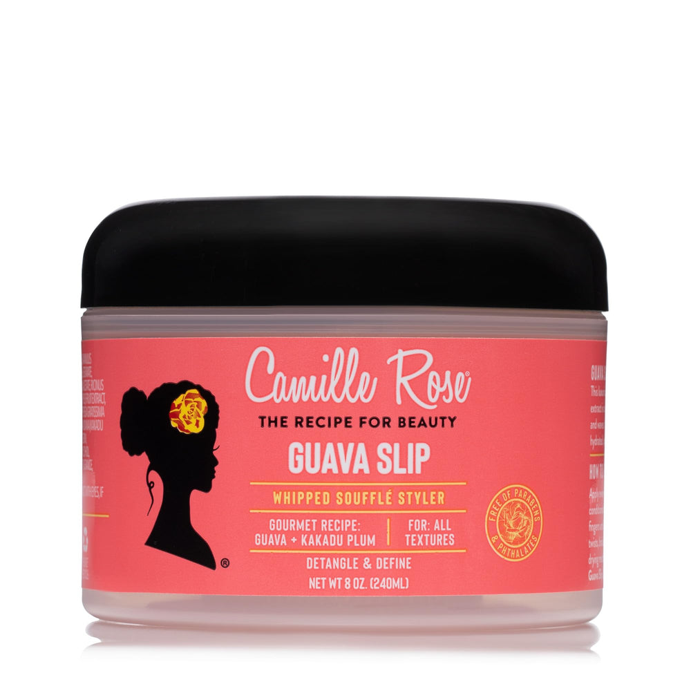 Camille Rose Guava Whipped Hair Styling Cream bottle pouring for detangling ease