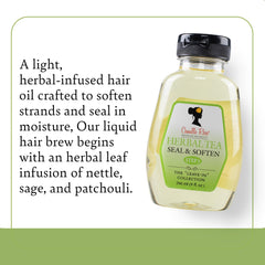 Camille Rose Herbal Tea Leave-In Oil drops seal with lightweight hydration and frizz control.