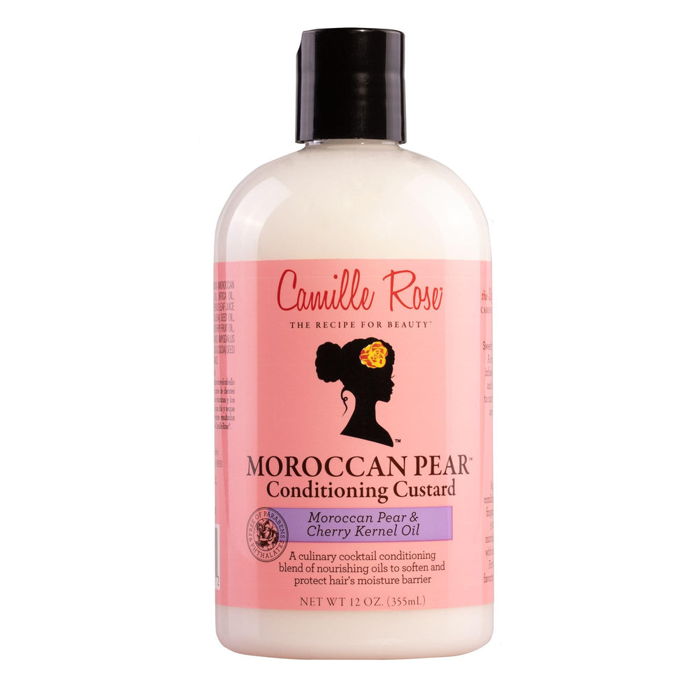 Camille Rose Moroccan Pear Conditioner bottle highlights nourishing formula for soft, hydrated hair