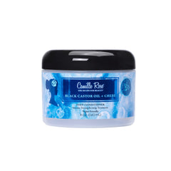 Camille Rose vegan black castor oil chebe deep conditioner jar open shows rich, nourishing formula.