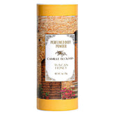Camille Beckman Tuscan Honey powder jar shows talc-free formula for gentle skin care.