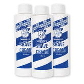 Campbell’s Liquid Shave Cream bottle showing premium barber-grade lather for a smooth shave.