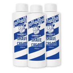 Campbell’s Liquid Shave Cream bottle showing premium barber-grade lather for a smooth shave.
