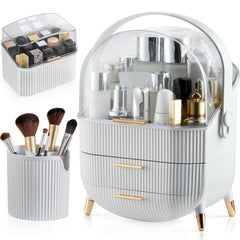 CANITORON makeup organizer top view reveals easy access to cosmetics on a tidy vanity.