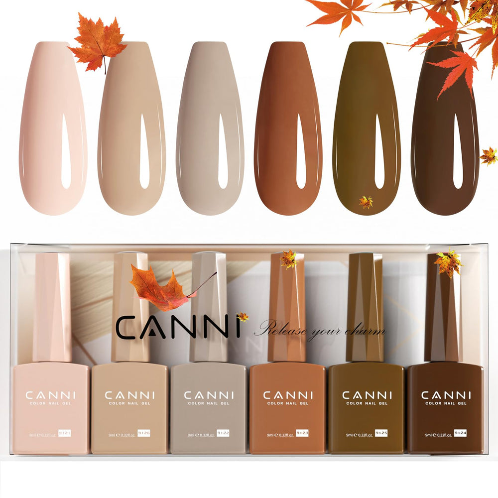 CANNI 6-piece 9ml HEMA-free nude-brown set packaging shows safe at-home nail care.