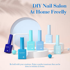 CANNI Blue Gel Nail Polish Set color swatches reveal Aquarius and Ocean-inspired blues for DIY nails.