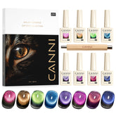 CANNI cat-eye gel polish set overview showing eight colors and magnet kit for DIY nails