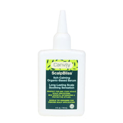 Canviiy ScalpBliss serum bottle top view for calm, hydrated scalp.