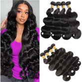 Caplina 16A Brazilian virgin hair bundles in body wave close-up showing length options.