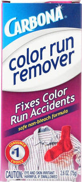 Carbona Color Run Remover bottle in use, saving a color-run garment.