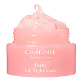 CARE:NEL Lip Mask Overnight Berry jar highlights 23g size for night hydration.