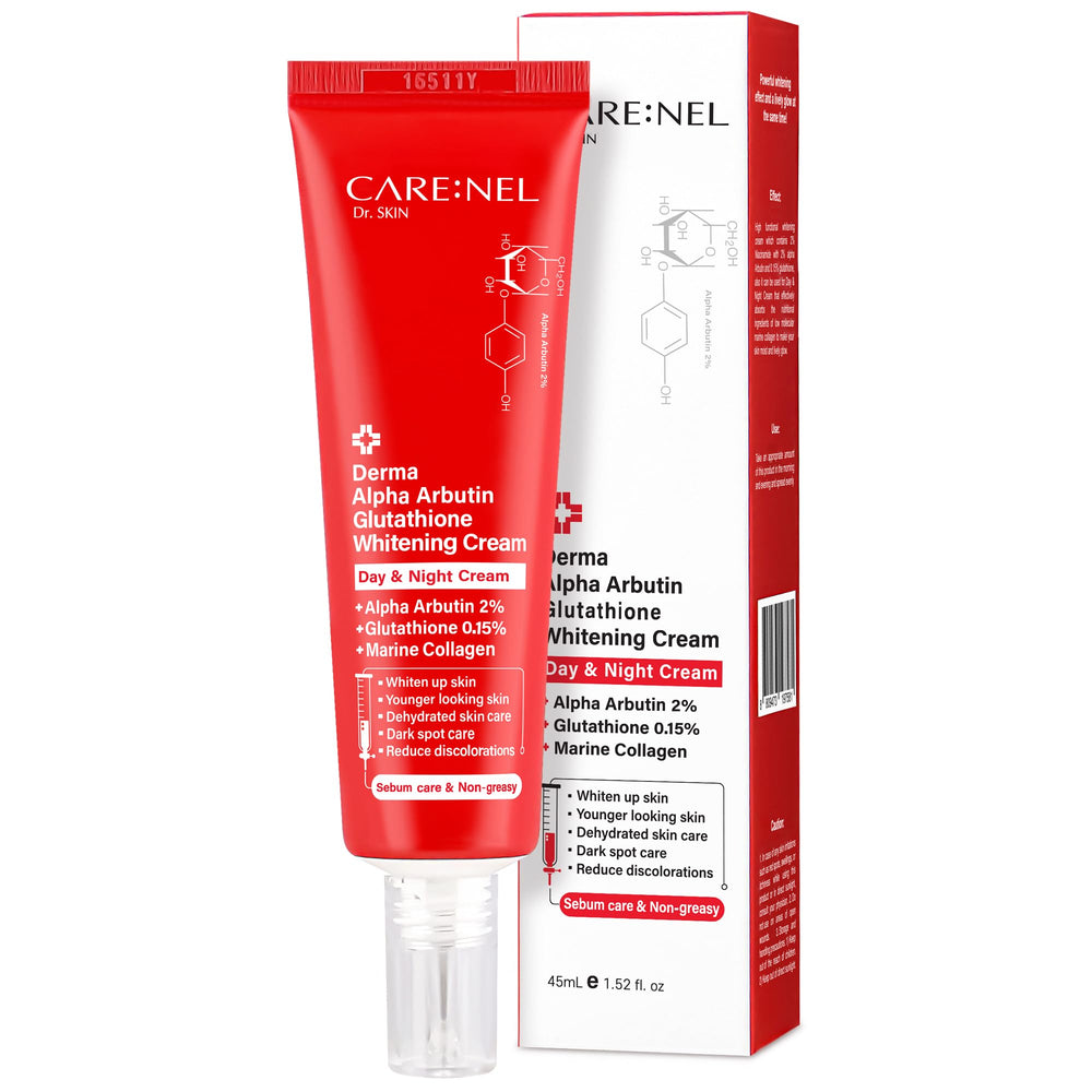 CARE:NEL whitening cream bottle close-up highlighting brightening and even skin tone.