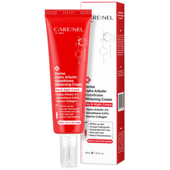 CARE:NEL whitening cream bottle close-up highlighting brightening and even skin tone.