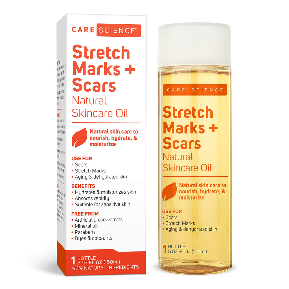 Care Science body oil serum bottle on shelf for scars and stretch marks.