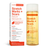 Care Science body oil serum bottle on shelf for scars and stretch marks.