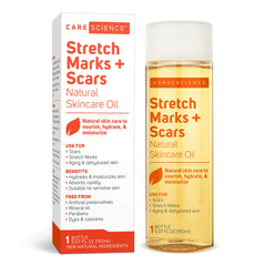 Care Science body oil serum bottle on shelf for scars and stretch marks.
