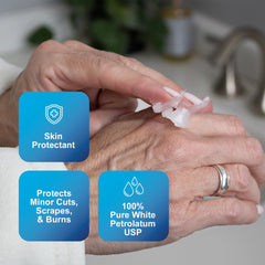 CareAll petroleum jelly 4oz tube texture closeup demonstrates smooth barrier for dryness.