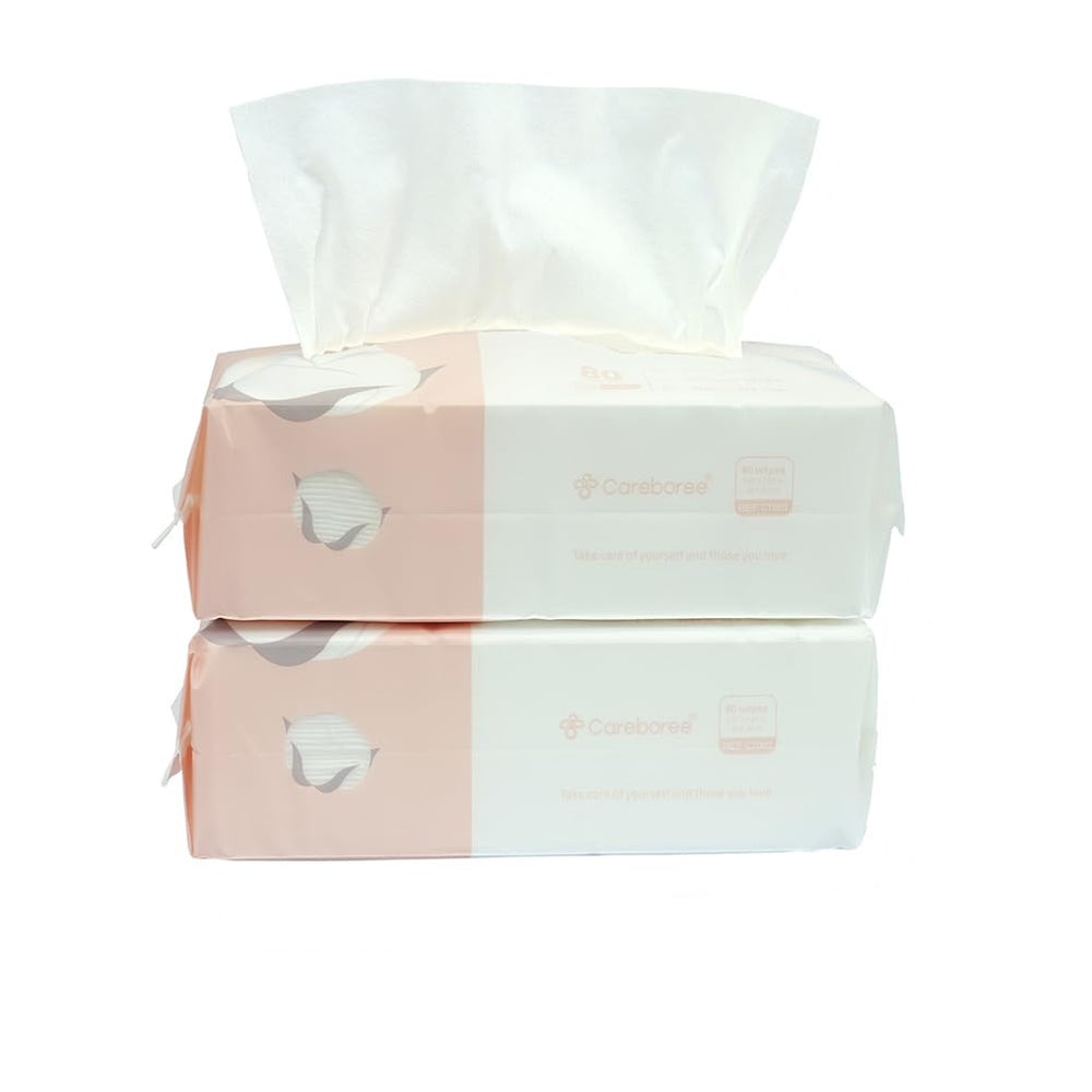 Careboree extra-thick dry wipe pack-open shows soft cotton tissues for facial care